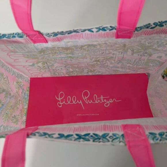 Lilly Pulitzer Reusable Shopping Bag Pink Vinyl Top Handle Tote Lightweight - Picture 4 of 9